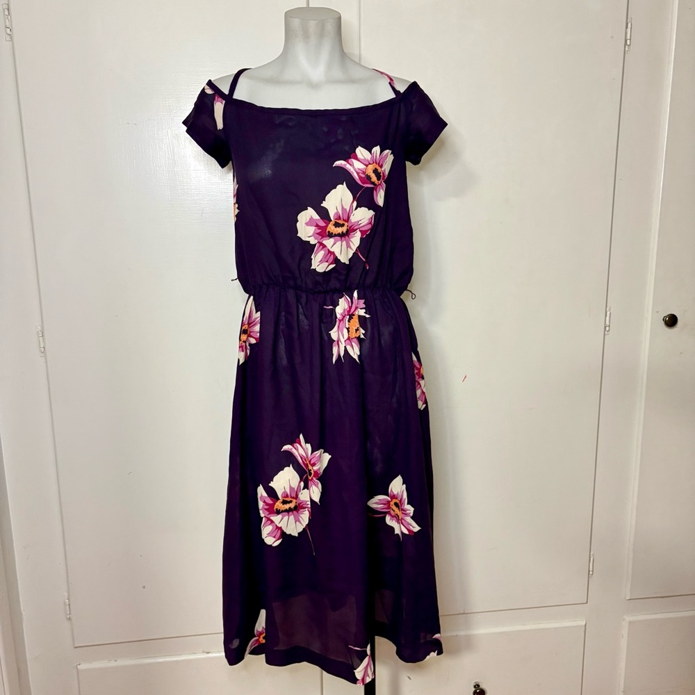 Vintage 70s/80s Dark Purple Floral Off Shoulder Cross Strap A Line Midi Dress